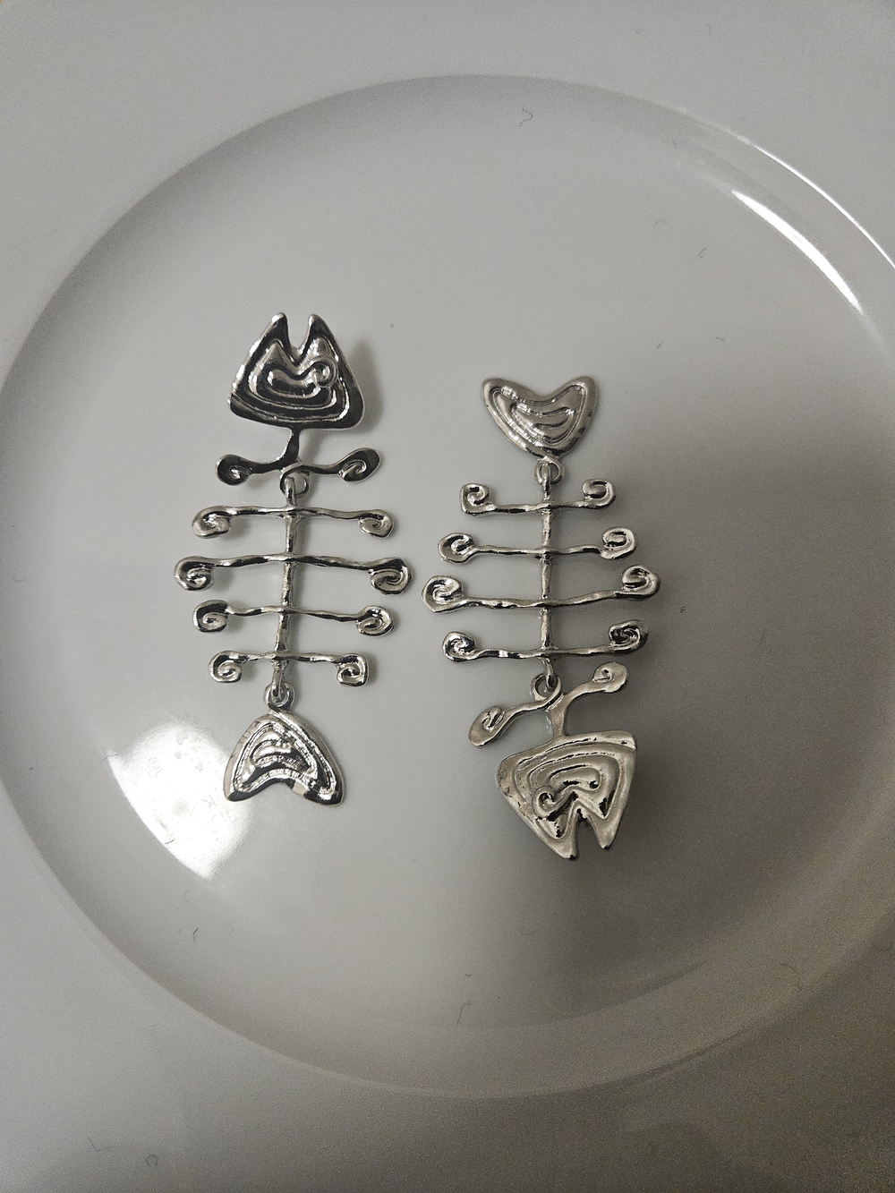 Silver Fishbone Dangle Earrings - Abstract Design